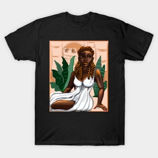 Cleopatra ii Queen Black is beautiful black woman art with crown, white dress and braids, brown eyes and dark brown skin ! T-Shirt